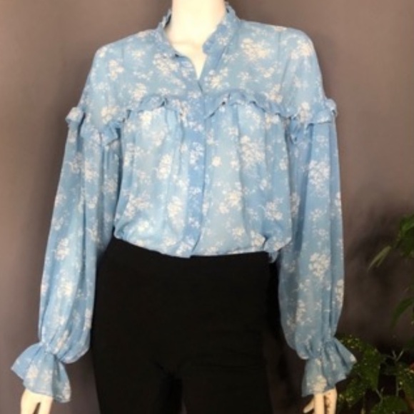 Zara Blue Ruffled Long Sleeve Blouse - Picture 7 of 14